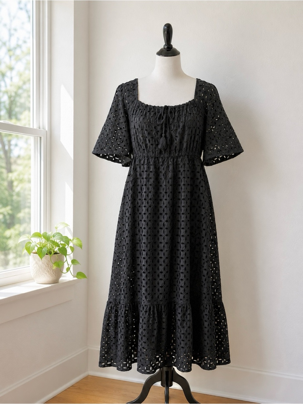 Johnny Was Jade Black Eyelet Embroidered Cotton Dress Tassel Tie Boho XL